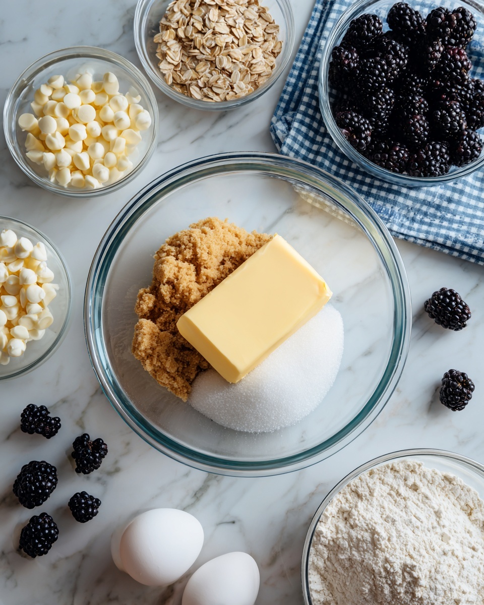 A clear glass mixing bowl sits in the center on a white marbled surface, filled with three layers: at the bottom, a pale yellow stick of butter; on the left side, a pile of light brown sugar; on the right, a mound of white granulated sugar. Surrounding the bowl are small clear glass bowls containing white chocolate chips at the left, light brown oats above, and dark purple-black blackberries in the top right corner on a white and blue checkered cloth. Two white eggs rest on the white marbled surface to the right, near a clear glass bowl with white flour at the bottom right. A few loose blackberries lie on the surface at the bottom left near the large bowl. photo taken with an iphone --ar 4:5 --v 7