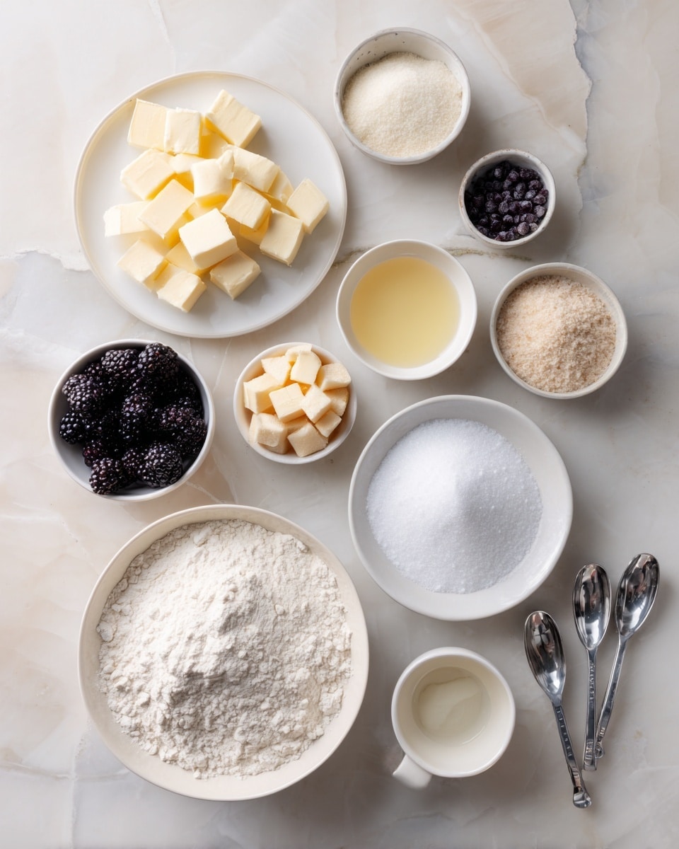 The image shows a white marbled surface with multiple white bowls and plates arranged neatly. There are different ingredients for baking displayed, including a large white bowl filled with flour in the front center, a smaller white bowl with melted butter, a plate with cubed butter pieces, a bowl of blackberries, a bowl with brown sugar, a bowl with granulated sugar, and a bowl with white powdered sugar. There is also a small white bowl with a light-colored liquid, another bowl with a white paste-like ingredient, and a white plate with salt. There are three metal measuring spoons placed on the right side. The overall scene is clean and well-lit, focusing on the variety of ingredients prepared for a recipe. photo taken with an iphone --ar 4:5 --v 7
