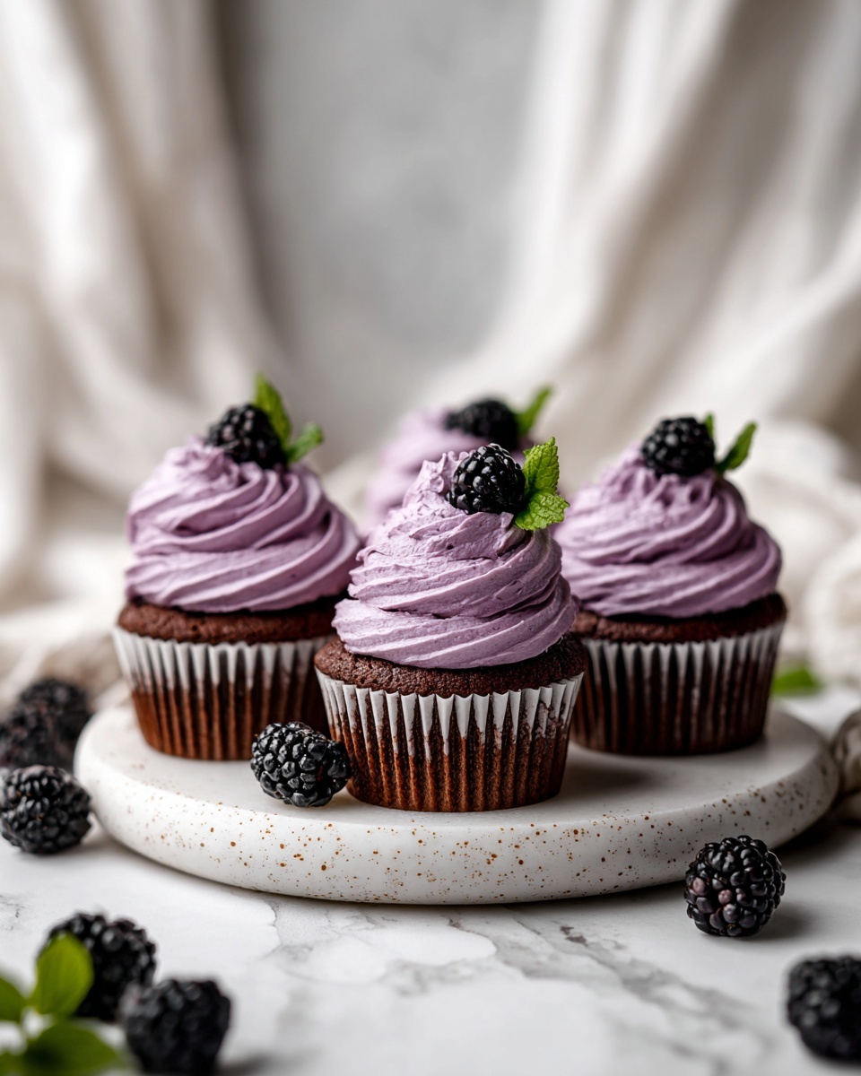 Two chocolate cupcakes sit side by side on a white marbled surface. Each cupcake has a dark brown base with a textured paper wrapper. On top, there is a thick swirl of light purple frosting with visible small dark specks, giving it a rich, creamy look. Each swirl is topped with a single shiny blackberry and a small green leaf, adding contrast and a fresh touch. One extra blackberry lies in front of the cupcakes, completing the simple and elegant composition. photo taken with an iphone --ar 4:5 --v 7