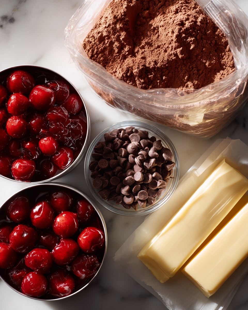 The image shows a white marbled surface with five baking ingredients arranged in a loose circle. At the top center, there is a clear plastic bag filled with brown cocoa powder, its texture looking soft and powdery. To the left, two opened cans contain bright red cherry pie filling with glossy, round cherries suspended in a thick red syrup. On the right side, there is a small clear glass bowl filled with tiny dark brown chocolate chips, smooth and shiny. At the bottom right, two pale yellow sticks of butter rest on a piece of white parchment paper, smooth and solid with sharp edges. The lighting is soft and natural, giving a clean and fresh look to the scene. photo taken with an iphone --ar 4:5 --v 7