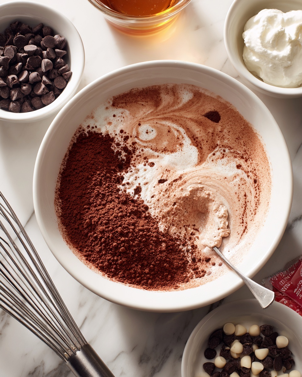 The image shows a white bowl with dry and wet cocoa cake mix powders layered on the bottom and partially mixed with a light brown liquid forming a marbled texture. Around the bowl, there are three small white bowls with dark and milk chocolate chips, and white whipped cream, each with a smooth, solid texture. An electric beater with shiny metal beaters is partially visible on the bottom left. The setting is on a white marbled surface with a small corner of a cream and red liquid container packet visible on the bottom right. photo taken with an iphone --ar 4:5 --v 7