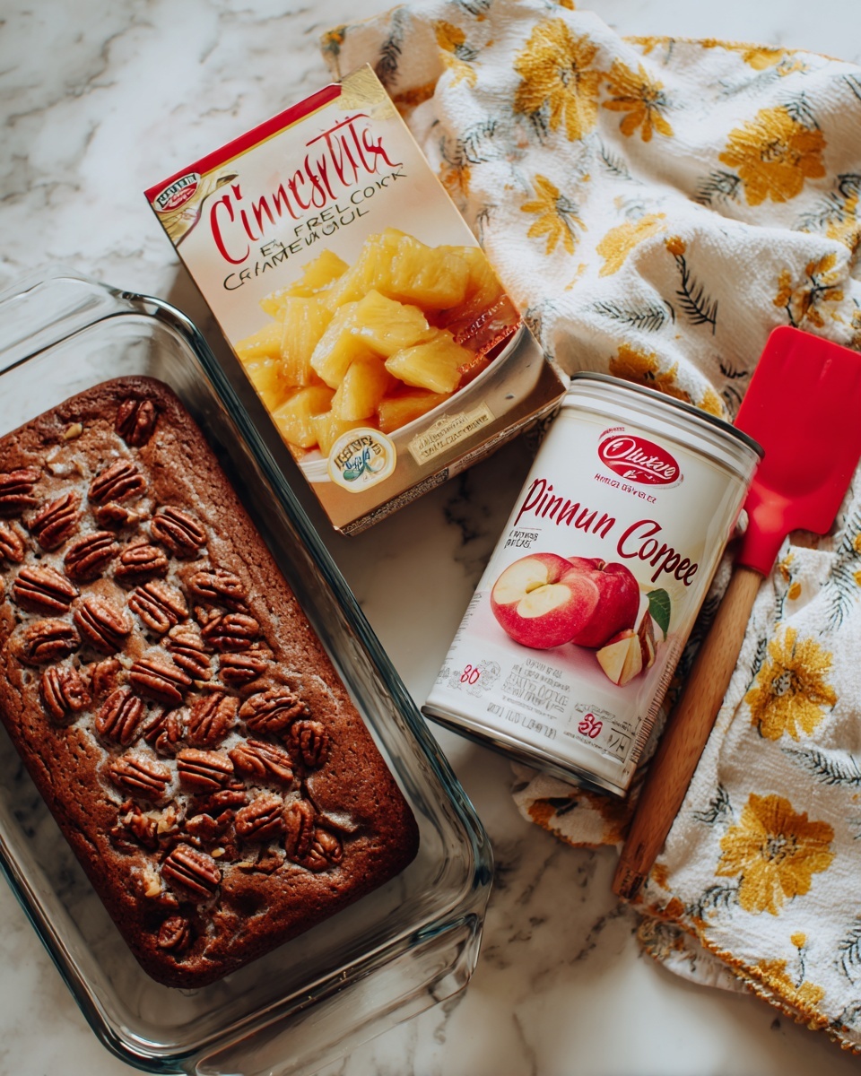 A clear glass baking dish sits on a white marbled surface, containing three food items: a tan box of Betty Crocker Gingerbread Cake & Cookie Mix with an image of a brown gingerbread cake topped with pecans, a white can of 365 Crushed Pineapple with a picture of crushed pineapple in a red bowl, and a white can of Duncan Hines Comstock More Fruit Cinnamon Spice Apple with an image of a slice of apple pie. A red spatula with a wooden handle rests diagonally across the baking dish, which is next to a white cloth with yellow floral patterns. Photo taken with an iphone --ar 4:5 --v 7