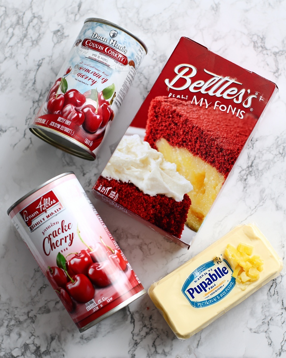 The image shows four baking ingredients arranged on a white marbled surface. On the left, there is a can of Duncan Hines Comstock Original Country Cherry with a red and white label featuring cherries and cheesecake. In the center, there is a red box of Betty Crocker Delights Super Moist Red Velvet Cake Mix, showing two red velvet cake slices with white frosting. To the right, there is a can of Publix Pineapple Crushed in Heavy Syrup with a simple white label and an image of crushed pineapple in a bowl. At the bottom, there is a stick of salted butter in white and blue packaging labeled Grade AA. All items are evenly spaced and displayed with clear labels. photo taken with an iphone --ar 4:5 --v 7