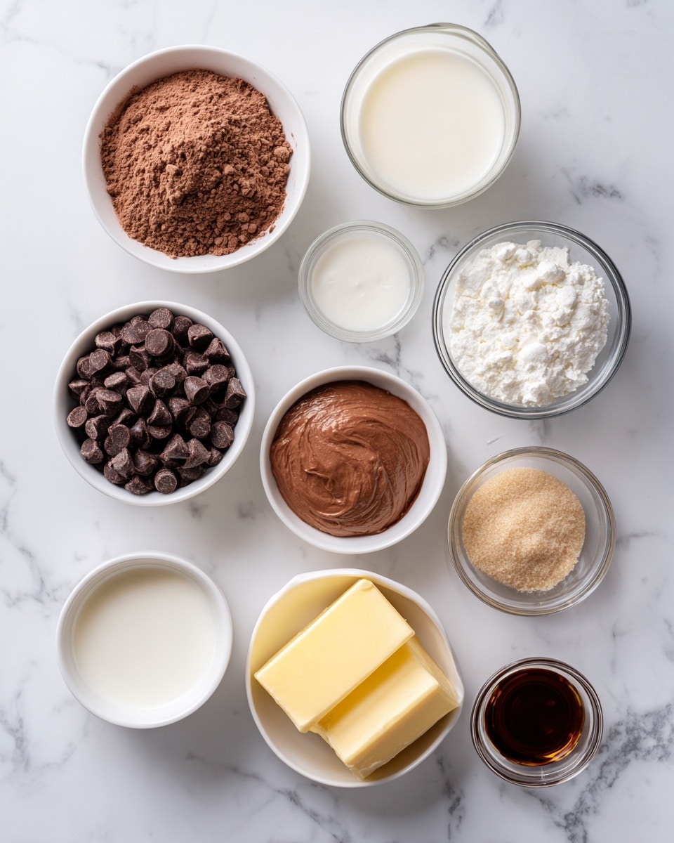 The image shows eight small white bowls and glasses arranged on a white marbled surface. At the top left, there is a white bowl filled with dry brown powder. To the right, a clear glass has white milk, and next to it on the right, a small white bowl with cream. Below the powder, a white bowl holds round dark brown chocolate chips. In the center is a white bowl with smooth brown chocolate pudding texture. To the right, another small white bowl contains a square of yellow butter. At the bottom left, a clear glass has a white liquid. Next to it on the right, a tiny white bowl contains dark brown vanilla extract, and to the far right at the bottom, a white bowl holds medium brown granulated sugar. Photo taken with an iphone --ar 4:5 --v 7