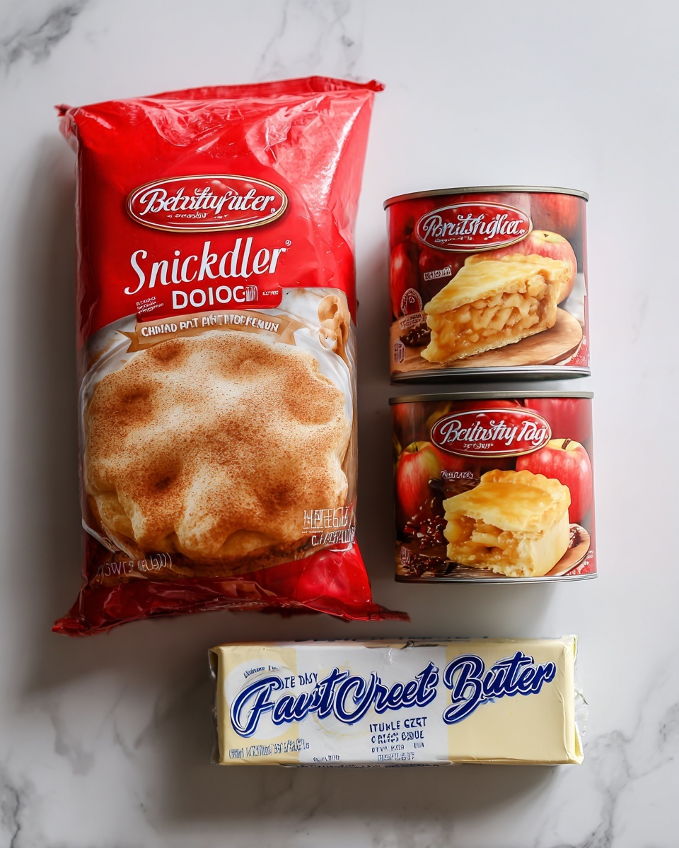 The image shows four baking ingredients arranged on a white marbled surface. On the left is a large red and white packet of Betty Crocker Snickerdoodle cookie mix displaying a close-up of a cinnamon-sugar cookie. To the right of the packet are two stacked cans of Favorite Day apple pie filling or topping, with each can showing a slice of apple pie with golden crust and apple filling. Below the cookie mix and cans is a rectangular stick of Great Value unsalted sweet cream butter wrapped in blue and white packaging. All items are clearly placed and well-lit, showing their labels and textures photo taken with an iphone --ar 4:5 --v 7