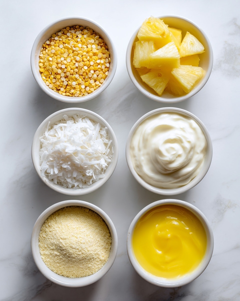 Seven small white bowls arranged in two vertical columns on a white marbled surface. Top left bowl has small yellow split lentils with a rough texture. Top right bowl is filled with yellow pineapple chunks, triangular in shape with a juicy, slightly fibrous texture. Middle left bowl contains fine white shredded coconut with a light fluffy texture. Middle right bowl is filled with thick white yogurt, smooth and creamy with soft peaks. Bottom left bowl holds pale yellow powder, coarse and crumbly. Bottom right bowl contains melted bright yellow butter, smooth and shiny liquid. Photo taken with an iphone --ar 4:5 --v 7