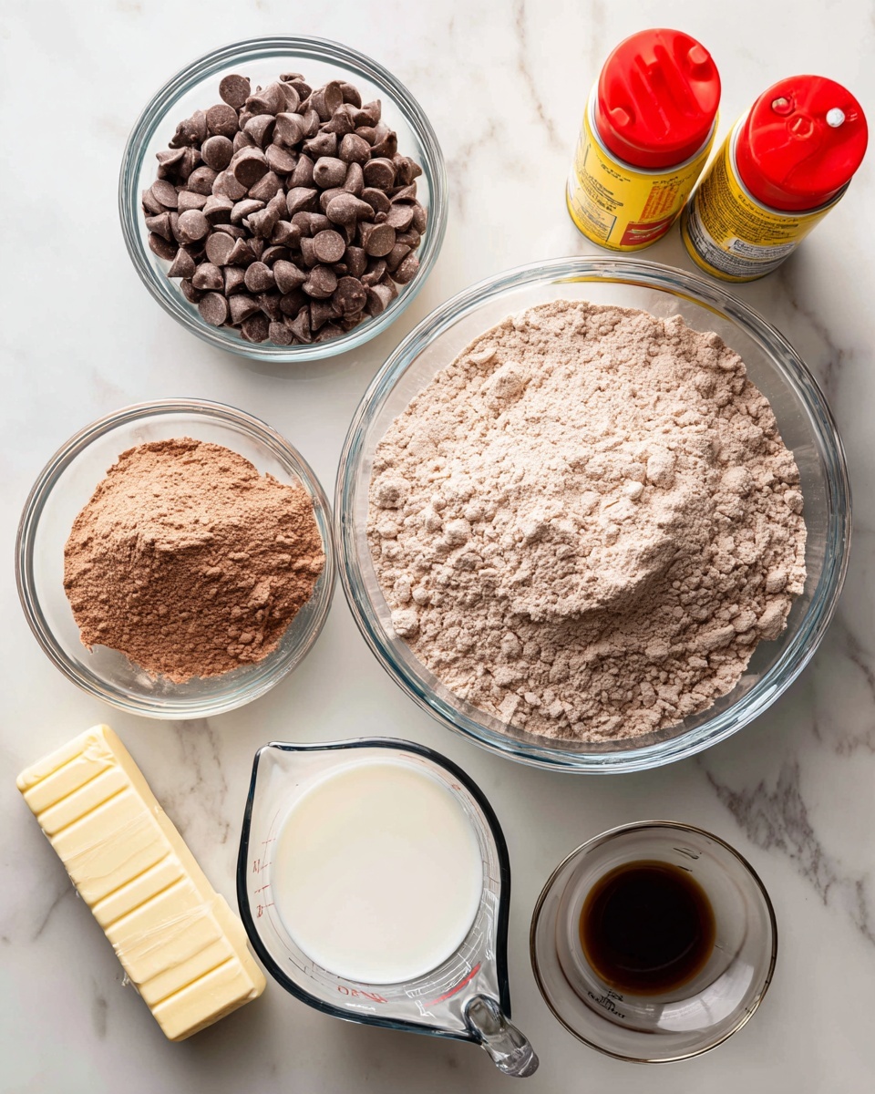 The image shows several clear glass bowls and containers on a white marbled surface, each filled with different baking ingredients. The largest bowl in the center contains a dry, powdery, light brown mixture that looks like cocoa cake mix. To the left, there is a smaller bowl filled with shiny, smooth chocolate chips. Below the biggest bowl, there is a small bowl with more of the same dry cocoa mixture. To the right, there is a glass measuring cup filled with white liquid, likely milk. Next to it, a small container holds dark brown vanilla extract. In the upper right corner, two spray cans with red and yellow caps stand on the surface. In the lower left part of the image, a stick of butter in paper wrapping lies flat. The whole setup looks ready for mixing ingredients to bake a cake or dessert. Photo taken with an iphone --ar 4:5 --v 7