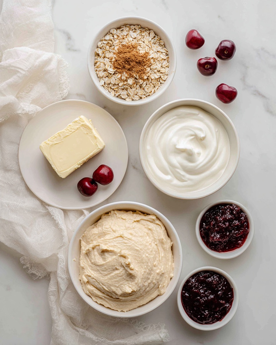 The image shows six white bowls and plates arranged on a white marbled surface with a soft white cloth around. There is one large white bowl filled with creamy, light beige dough at the bottom. To its right, a smaller white bowl holds thick, smooth white yogurt. Above it, a white bowl contains a mix of light brown cereal flakes. On the left side, a white plate with a solid block of pale yellow butter, three small red cherries, and a small pile of fine brown powder is placed. At the bottom right, a small white bowl contains a dark red jam with a shiny texture. The scene is simple and clean with a soft natural light. Photo taken with an iphone --ar 4:5 --v 7