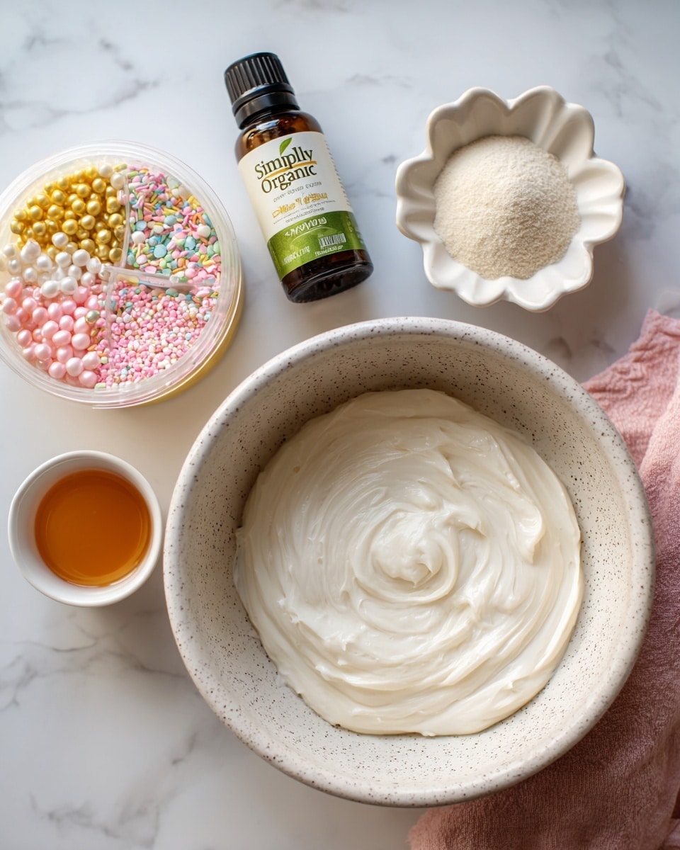 A speckled white bowl holds a soft, thick white creamy mixture with smooth texture in the center of the image. To the right, a small white container shaped like a flower is filled with a pale beige powder. Above it, a small dark brown glass bottle with a green cap labeled