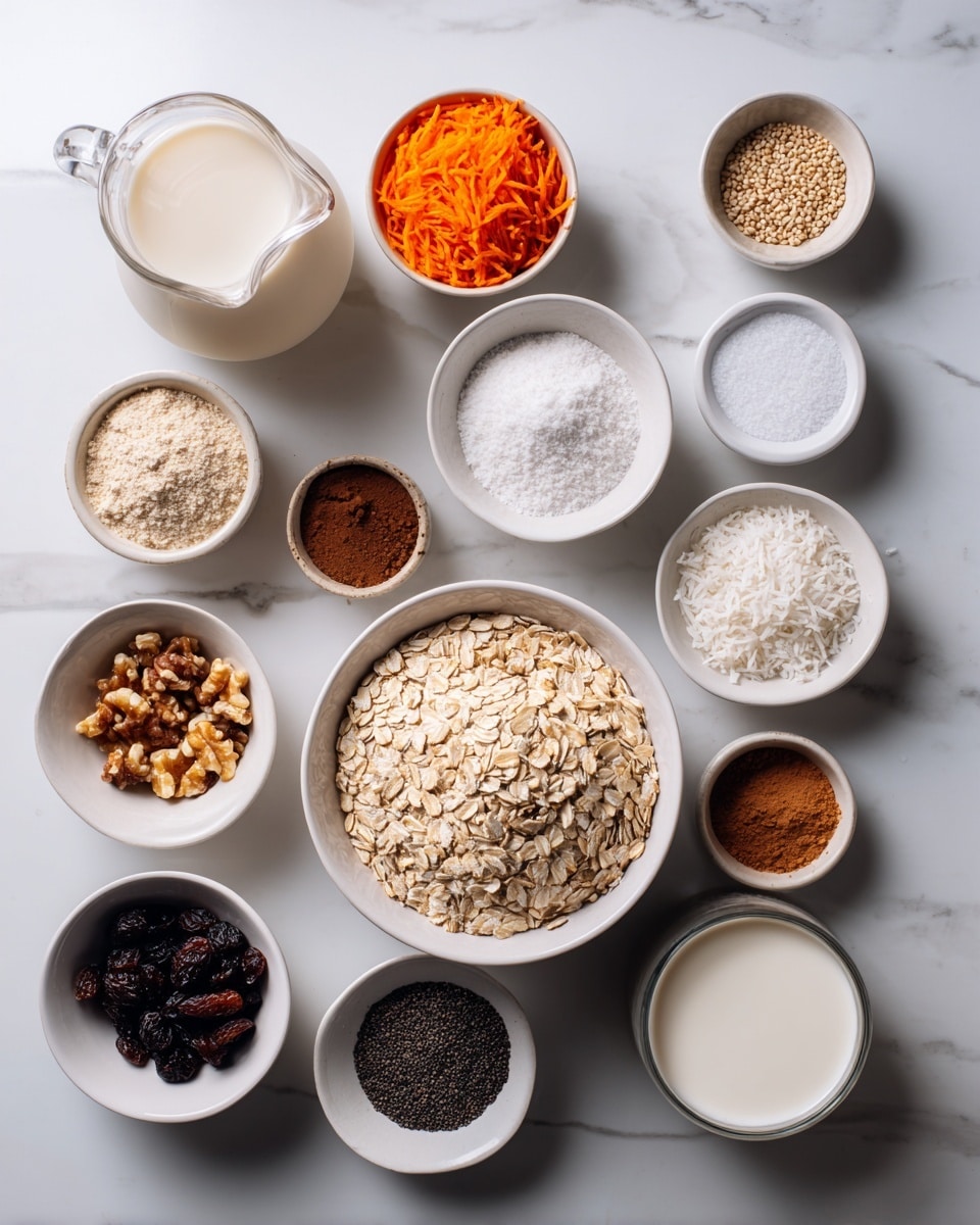 The image shows a top view of various ingredients placed on a white marbled surface. In the center, there is a single large white bowl filled with pale beige rolled oats. Around it, there are small white bowls containing different ingredients: light beige flour, bright orange shredded carrot, black chia seeds, and mixed brown chopped nuts. There is a clear glass pitcher with pale white milk on the top left. Other small white bowls contain dark brown raisins, ground cinnamon, and a dark brown liquid. Additional bowls have bright white shredded coconut, white salt, and a light brown powder. A white bowl with smooth, creamy, off-white yogurt is near the top right. The arrangement is neat and evenly spaced, with natural lighting. Photo taken with an iphone --ar 4:5 --v 7