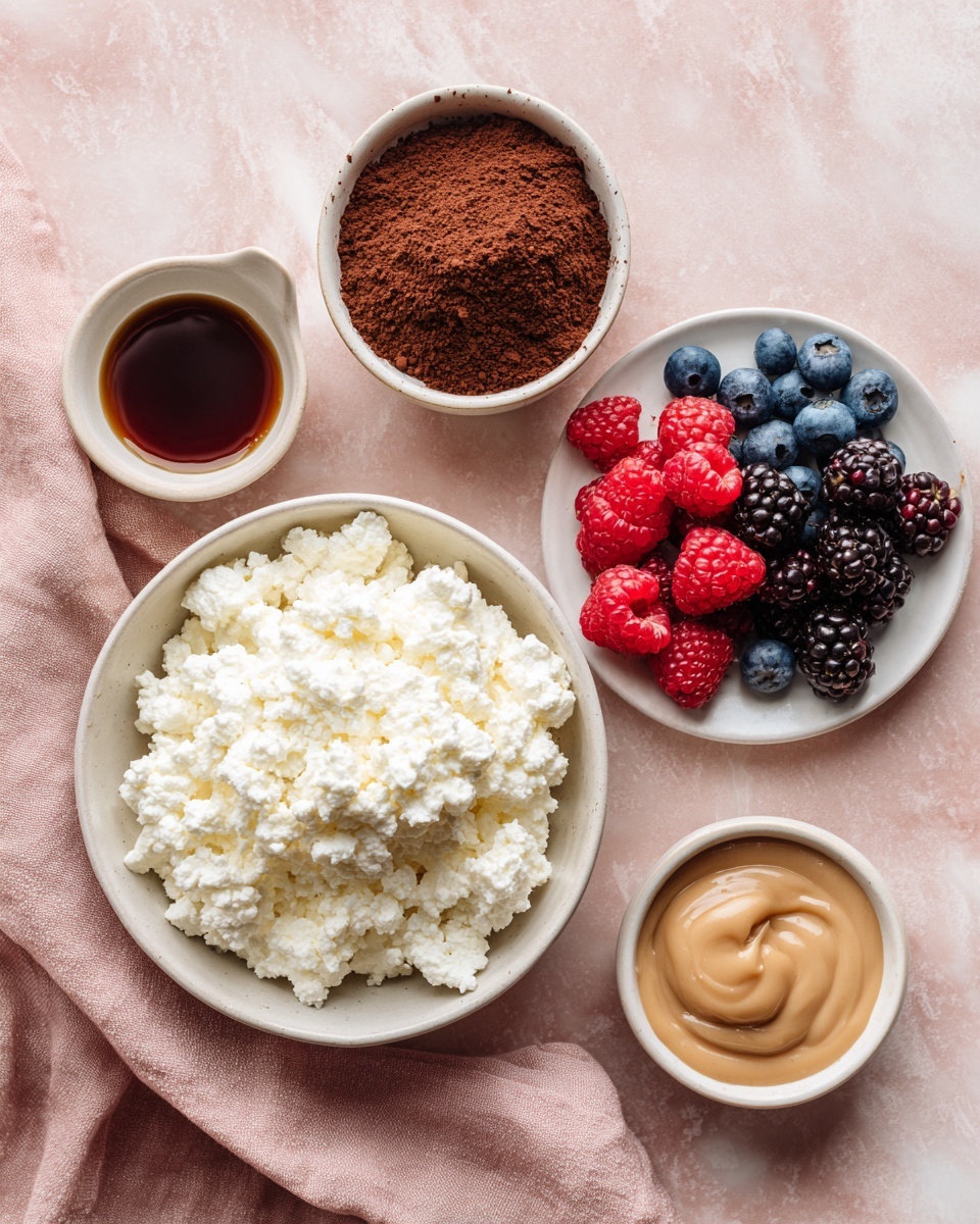 The image shows five bowls on a soft pink cloth and a white marbled background. At the bottom center, there is a white bowl filled with fluffy white cottage cheese that has a textured, slightly lumpy surface. Moving clockwise, a small white bowl filled with smooth caramel sauce with a light brown color is placed near the bottom right. Near the top right, a white plate contains fresh blueberries, red raspberries, and black currants, each with a round and plump shape, creating a mix of dark blue, red, and black colors. Next to this, a tiny white bowl holds a dark brown liquid, likely vanilla extract. On the left side of the image, another white bowl is filled with fine brown cocoa powder that has a slightly crumbly texture. photo taken with an iphone --ar 4:5 --v 7