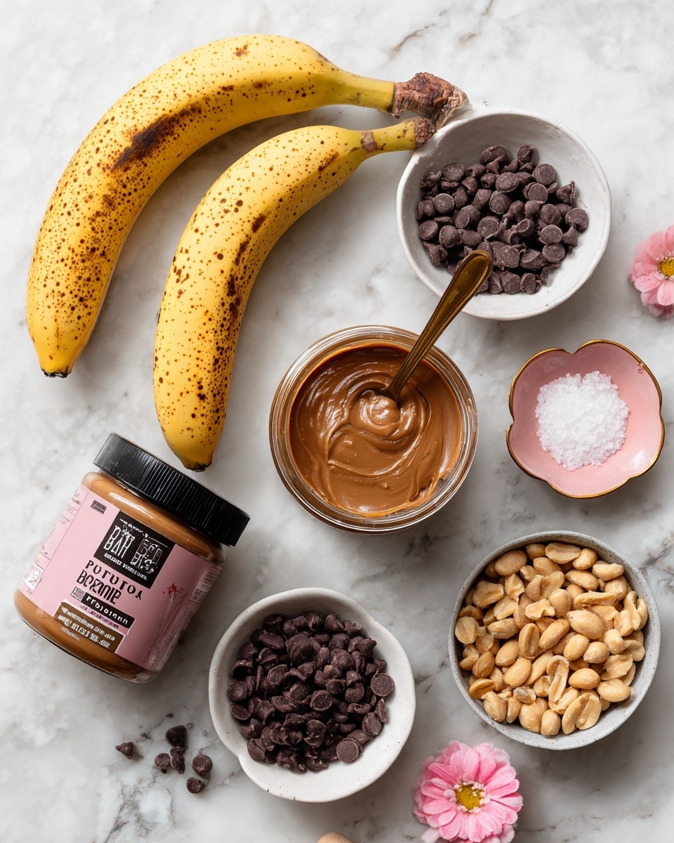 The image shows a collection of ingredients on a white marbled surface including a glass jar filled with smooth light brown peanut butter with a pink spoon inside, two ripe yellow bananas with small brown spots placed side by side, a white bowl filled with small dark brown chocolate chips, a small pink flower-shaped dish with white salt crystals, a small white bowl filled with light brown roasted peanuts, and a jar of peanut butter with a brown lid labeled