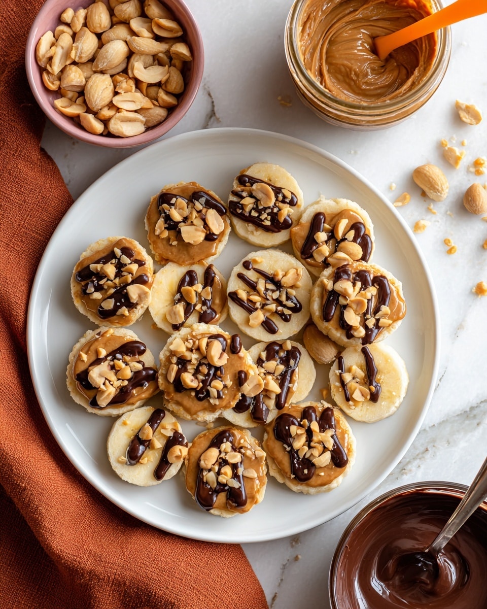 A white plate is filled with several small round slices of banana, each topped with a smooth layer of light brown peanut butter spread evenly across the surface; on top of the peanut butter are scattered whole peanuts adding texture and a dark brown chocolate sauce drizzled in thin lines over all the slices, with some slices having a thicker pool of chocolate. Around the plate are a small bowl of whole peanuts, a jar with creamy peanut butter and a wooden spoon inside, and a glass bowl with melted chocolate and a spoon, all set on a white marbled surface with a burnt orange cloth visible at the corner. photo taken with an iphone --ar 4:5 --v 7