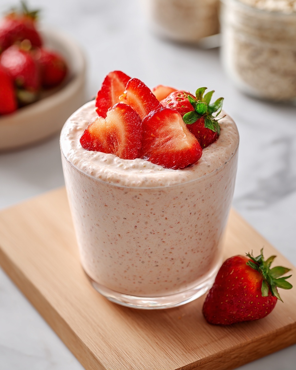 A clear glass filled with a creamy white mixture dotted with black chia seeds and sprinkled with light brown oats. Inside the glass, thin slices of bright red strawberries are pressed against the sides, showing their detailed texture. On top, there are two strawberry halves and one whole strawberry with green leaves, resting on the creamy mixture. The glass sits on a light wooden board, with a soft white marbled surface in the background. Photo taken with an iphone --ar 4:5 --v 7
