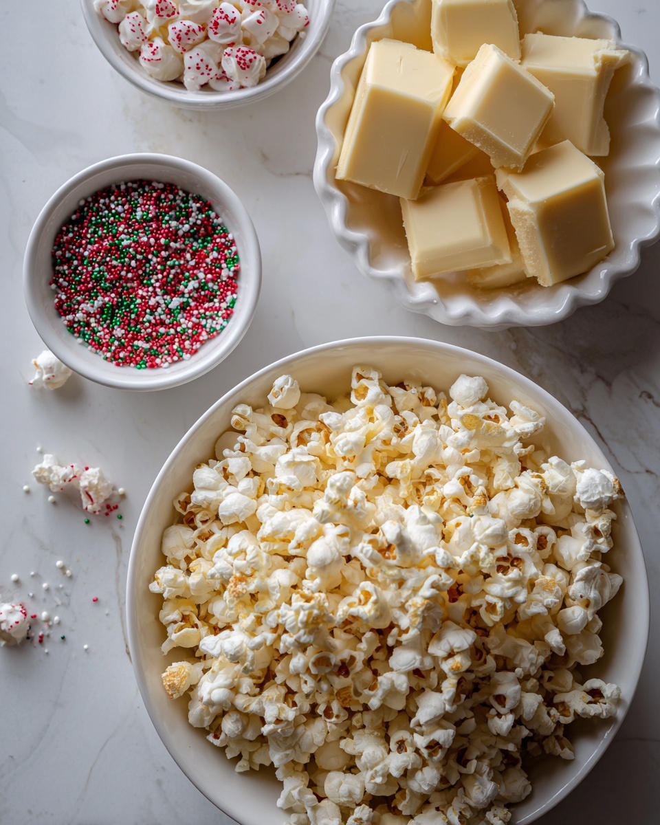 A large white bowl filled with light, fluffy popcorn that has small golden brown spots scattered throughout. Above it, there is a scalloped white bowl holding several small, uneven chunks of pale white chocolate with a smooth texture. To the upper left side, a small white bowl is filled with colorful round and cylindrical sprinkles in red, green, and white, some shaped like little flowers. The bowls are placed on a white marbled surface with soft natural light. Photo taken with an iphone --ar 4:5 --v 7