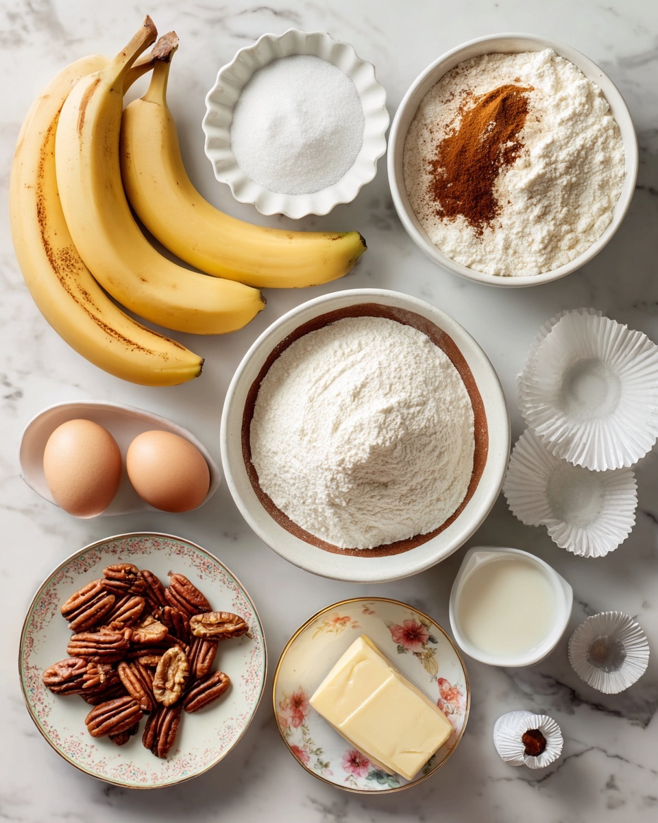 The image shows several ingredients for baking arranged neatly on a white marbled surface. At the bottom left, there is a white plate with a brown edge holding two whole peeled bananas and one mashed banana, all yellow with soft textures. Above that, a small white bowl with a ruffled edge is filled with white granulated sugar. To the right of sugar, a larger white bowl contains white flour with a small pile of brown cinnamon and white baking soda on top, creating distinct layers of powder. To the left of the flour, a small bowl holds whole brown pecans. At the bottom right, there is a small plate with a floral pattern holding two white eggs and a wrapped stick of yellow butter. Next to that plate are a small bowl of white creamy yogurt and a tiny bowl of dark brown vanilla extract. Empty white paper cupcake liners are scattered near the top right corner. The photo taken with an iphone --ar 4:5 --v 7
