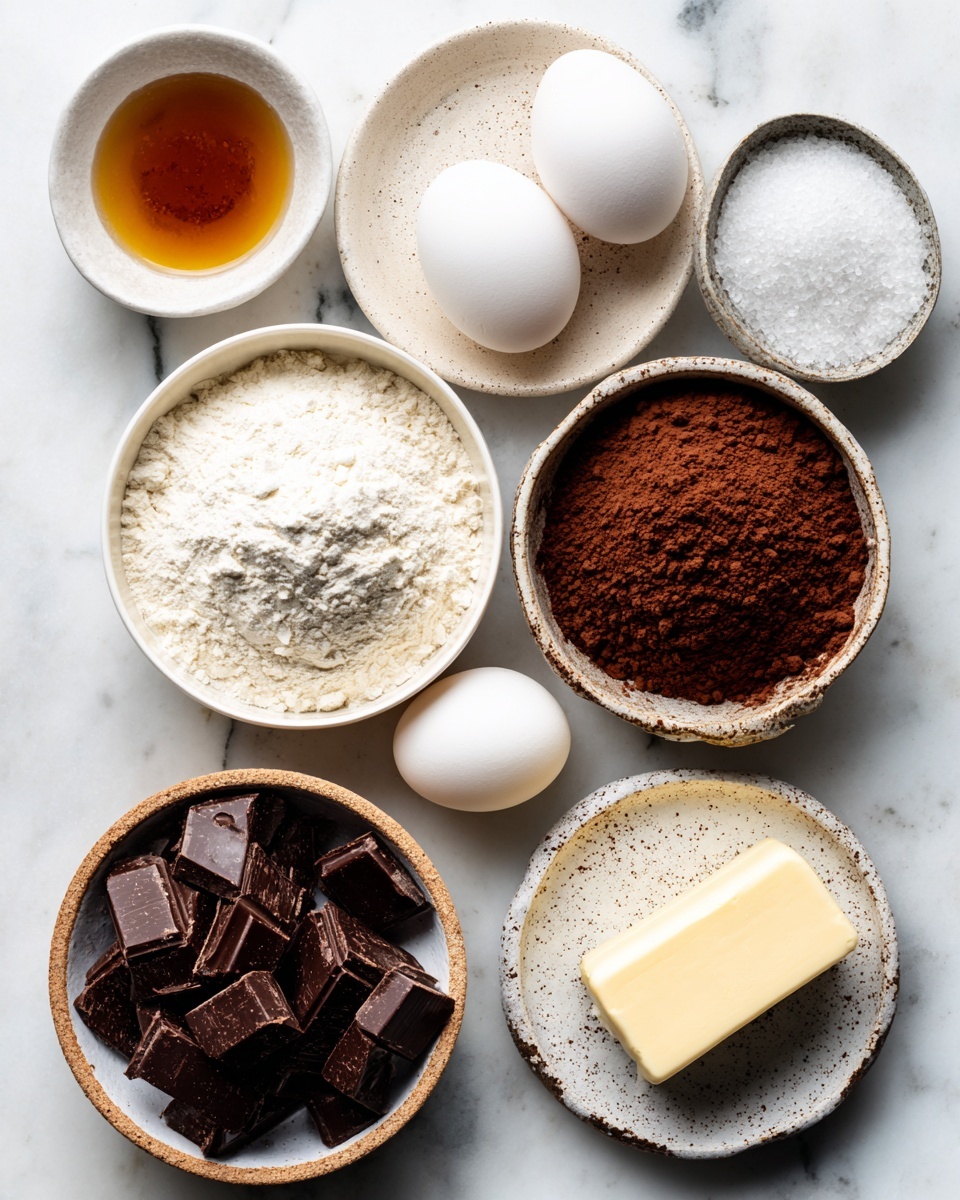 The image shows a top view of various baking ingredients arranged neatly on a white marbled surface. At the top left, there is an orange can of 100% pure pumpkin. Next to it, a small round bowl with a speckled rim holds one raw egg with a bright yellow yolk and clear egg white. Above that, a small cup contains a dark brown liquid, and to the right, a small pitcher with a speckled rim holds a white liquid, likely milk or cream. Below these, a large white bowl with a speckled rim is filled with fine white powdered sugar. On the bottom left, an opened foil package reveals a white cream cheese block. Near the bottom right, a small bowl contains three different ground spices in red, brown, and black shades. Two light beige rolled sheets of dough sit to the right of the powdered sugar bowl, and a silver fork lies at the bottom right corner. Two round metal pastry cutters are partially seen on the left. The arrangement is clean and bright, emphasizing the textures and colors of the ingredients photo taken with an iphone --ar 4:5 --v 7