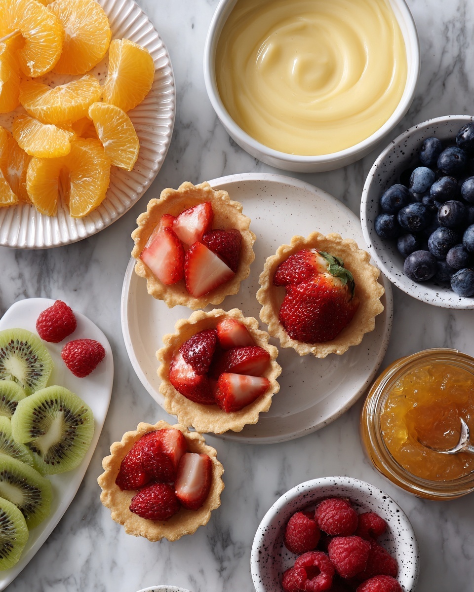 The image shows several small tart shells with light golden crusts, placed on a round white plate and scattered on a white marbled surface. There are separate small bowls filled with fresh fruits: deep red sliced strawberries in a fluted bowl, dark blue blueberries in a speckled round bowl, bright red raspberries in a small white bowl, and a patterned white plate holding bright orange tangerine segments and green kiwi slices. A large white bowl holds smooth, pale yellow custard with visible vanilla specks, and there is an open jar filled with thick orange jam. The background and surface are white marble. photo taken with an iphone --ar 4:5 --v 7