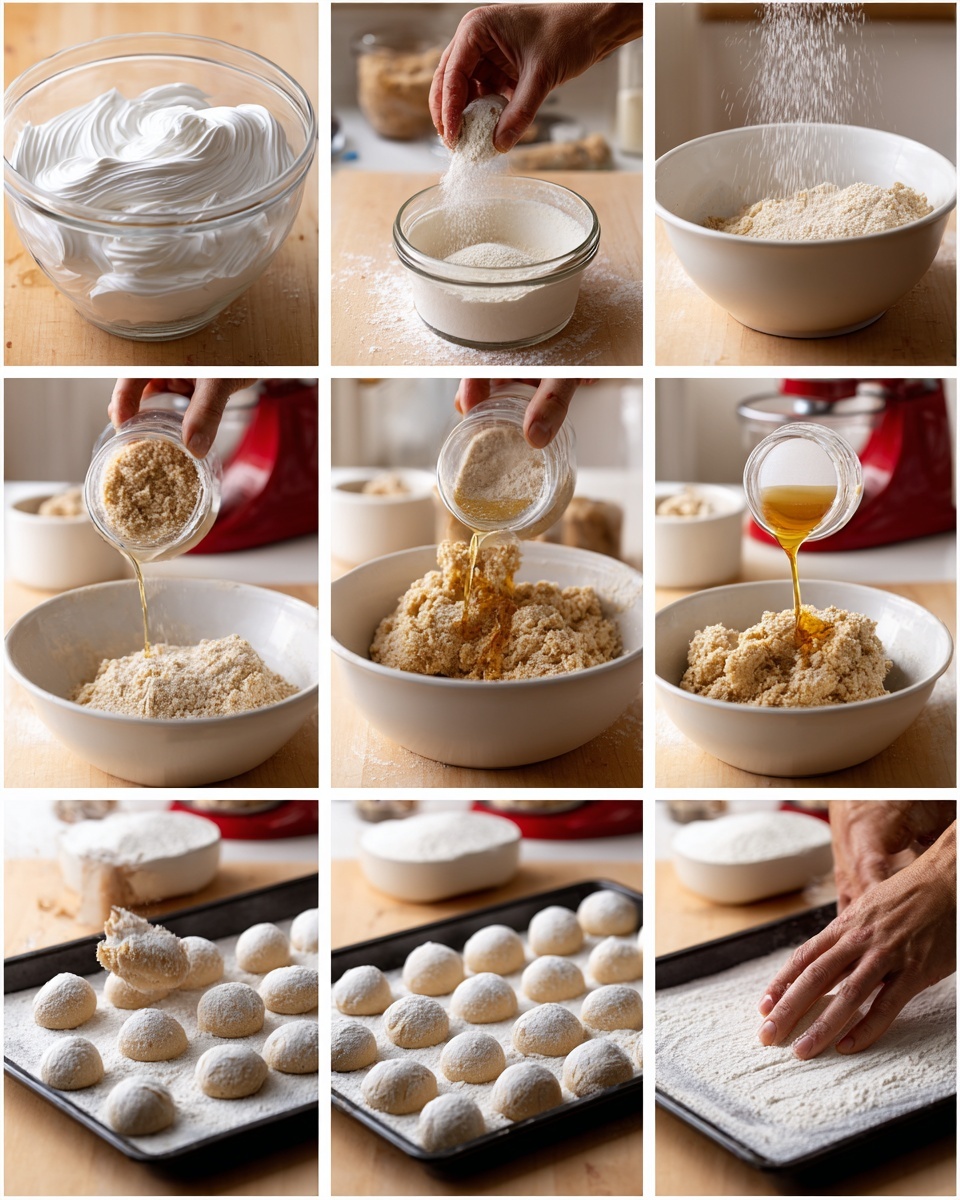The image shows a step-by-step baking process in ten frames. The first frame has a glass bowl with whipped egg whites, white and frothy with soft peaks. The second frame shows a woman's hand sprinkling a fine beige powder into a white bowl filled with more dry ingredients. The third frame shows a measuring jug with layers of beige granules topped with a smooth white powder. The fourth frame has golden honey being poured on top of the white powder in the same jug. The fifth frame shows a woman stirring a crumbly beige dough mixture in a large clear bowl on a wooden table next to a red mixer. The sixth frame zooms in on sticky, moist dough being mixed, with honey drizzling over it. The seventh frame shows a woman's hand rolling a small beige dough ball in a thick white powder spread on a wooden surface. The eighth frame has a woman's hand gently pressing a dough ball into a thin layer of white powder on a similar surface. The ninth frame shows a black baking tray with evenly spaced dough balls coated in white powder lined up in rows on a baking sheet. The last frame shows a close-up of a woman's hand pressing the coated dough balls gently on the tray to flatten them slightly. The entire scene has a white marbled surface below and warm, natural light. Photo taken with an iphone --ar 4:5 --v 7