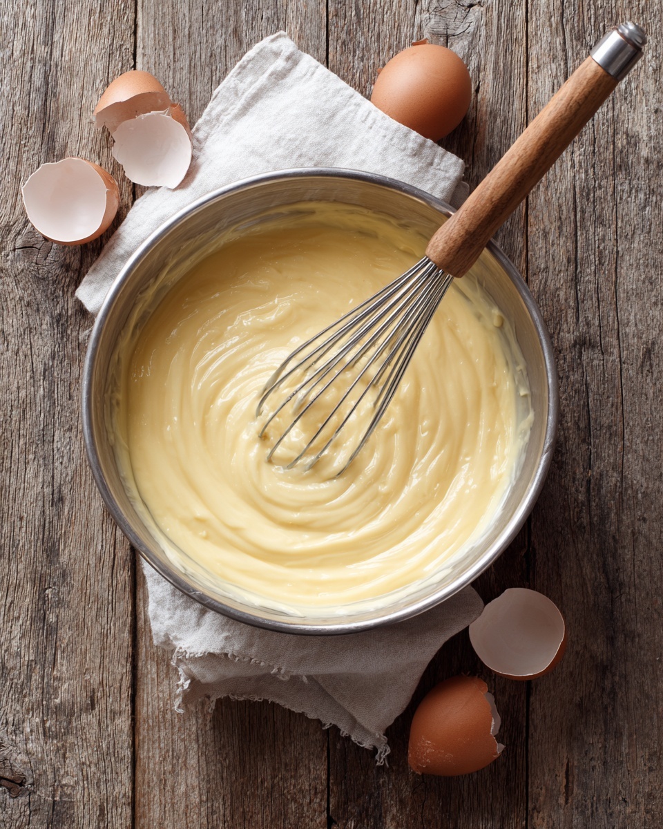 A metal bowl filled with smooth, pale yellow cream being mixed by a whisk with a wooden handle resting inside it. The bowl is placed on a rough wooden surface with a white cloth on the upper left and two cracked brown eggshells on the upper right. The cream has a glossy texture with gentle swirls from the whisk. photo taken with an iphone --ar 4:5 --v 7
