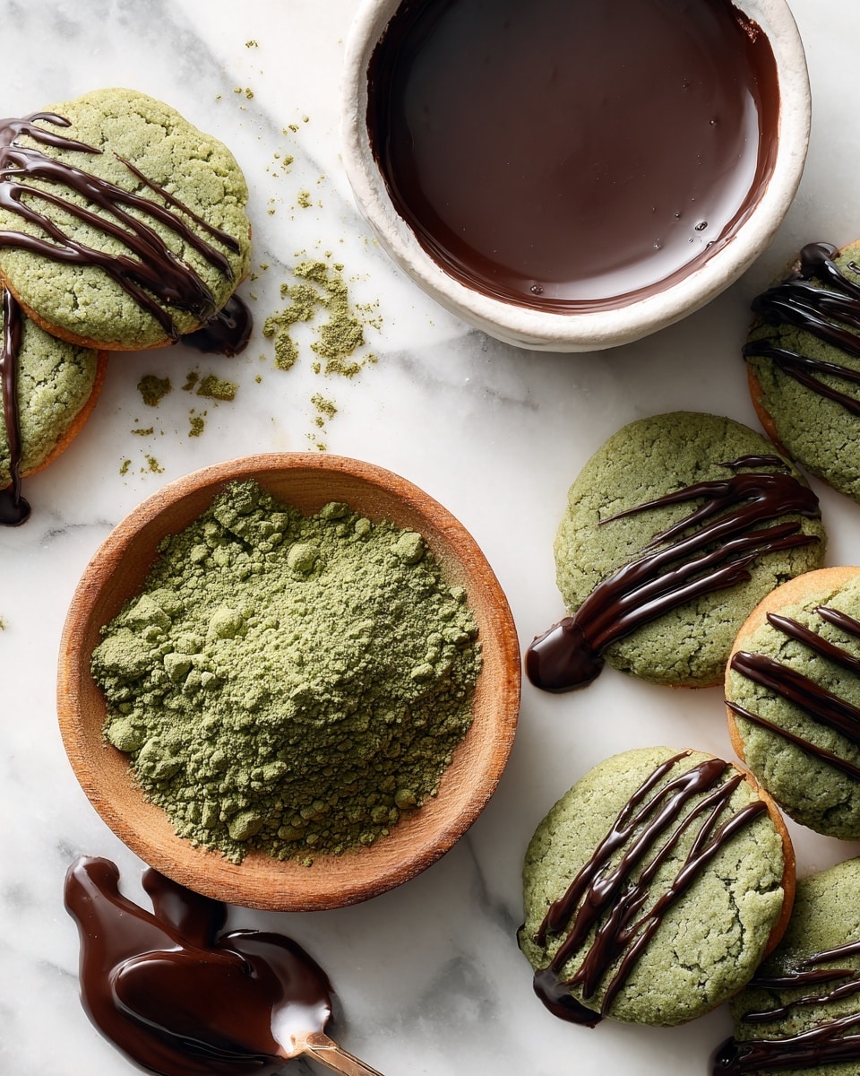 A stack of five round matcha cookies with a light green color and a slightly brownish edge sits in the center on a white marbled surface. Each cookie is decorated with thin, uneven dark chocolate drizzles over the top. Around the stack lie more cookies, some plain matcha green, and some half-covered with smooth dark chocolate, showing a clear division between the green and brown textures. Near the front left, there is a wooden bowl holding green matcha powder, with some powder spilled onto a silver spoon and the surrounding marble surface. The background is softly out of focus, featuring a pink cloth and delicate white flowers. Photo taken with an iphone --ar 4:5 --v 7