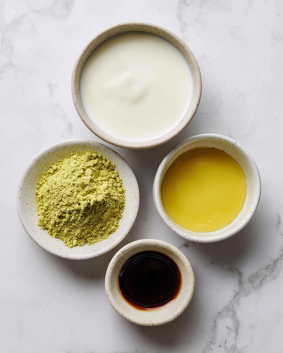 The image shows four small white bowls on a white marbled surface. The largest bowl is filled with a smooth white liquid, placed on the left side. Above it, a smaller bowl contains a fine green powder with a slightly rough texture. Below the green powder, another small bowl holds a thick yellow sauce, smooth and shiny. To the right of the yellow sauce, the smallest bowl has a dark brown liquid with a glossy surface. Photo taken with an iphone --ar 4:5 --v 7