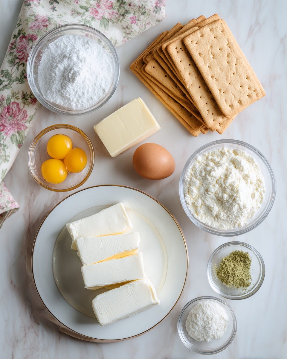 The image shows baking ingredients arranged on a white marbled surface. In the front there are three large white blocks of cream cheese stacked on a white plate with a thin gold rim. To the left, there is a glass bowl filled with white granulated sugar. Nearby, two brown eggs rest side by side on the surface, next to a small glass bowl holding two bright yellow egg yolks. Above these, a stick of pale yellow butter sits unopened, next to a stack of light brown rectangular graham crackers. On the right side, a larger glass bowl contains smooth cream, followed by a small glass bowl with white flour, and another small bowl with finely ground green powder. A folded kitchen towel with a floral pattern is partly visible at the top left corner. Photo taken with an iphone --ar 4:5 --v 7