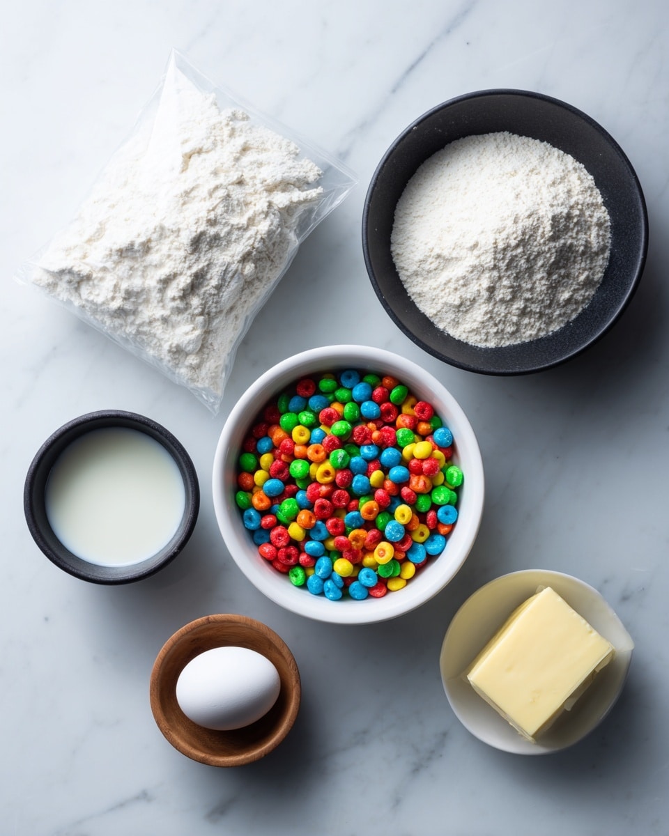 A white marbled surface holds six ingredients arranged neatly: a clear plastic bag of white flour in the top left corner, a small black bowl filled with fine white powder to its right, and below that, a medium white bowl containing colorful, round cereal pieces with bright reds, greens, blues, and yellows. On the left below the flour bag is a small black bowl of milk, and beside it on the right is a tiny white bowl with a pale yellow rectangle of butter. At the bottom left corner sits a single white egg in a small round wooden bowl. photo taken with an iphone --ar 4:5 --v 7