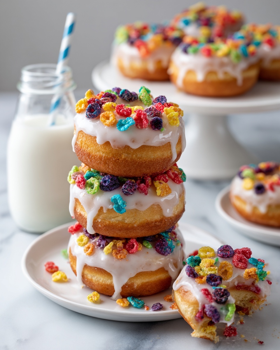 The image shows several round donuts placed on a white marbled surface. Each donut has a base layer of light beige dough, topped with a smooth white icing layer, and scattered generously with a colorful, crunchy cereal in red, yellow, green, blue, orange, and purple colors. The cereal pieces are uneven in size and create a bright, textured layer on top of the icing. The donuts are spaced apart, showing their round shape and the hole in the middle clearly. Photo taken with an iphone --ar 4:5 --v 7