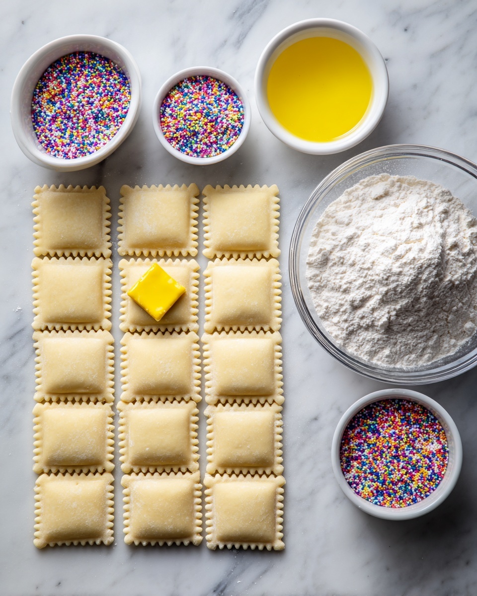 The image shows a white marbled surface with small square dough pieces, some with scalloped edges, arranged neatly. A clear glass bowl filled with white flour is placed on the right side. To the left, there are three small white bowls, two filled with colorful round sprinkles and one with a yellow liquid. One dough square has a small yellow square on top. The scene captures the preparation stage for baking decorated cookies. photo taken with an iphone --ar 4:5 --v 7