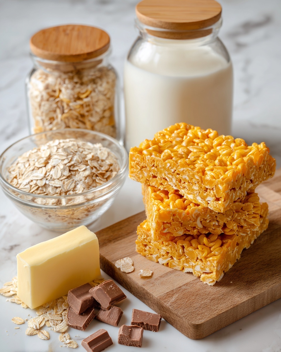 The image shows two square, thick cereal bars stacked on a wooden board, with a rough, flaky texture in bright yellow-orange color visible throughout each bar. To the left are small piles of ingredients: a small glass bowl filled with pale beige oats, a medium-sized chunk of yellow butter, and tiny pieces of light brown chocolate scattered slightly in front. Behind the board are two clear glass jars with wooden lids, one filled with light brown cereal flakes and the other with white milk. The scene is set on a white marbled surface. photo taken with an iphone --ar 4:5 --v 7