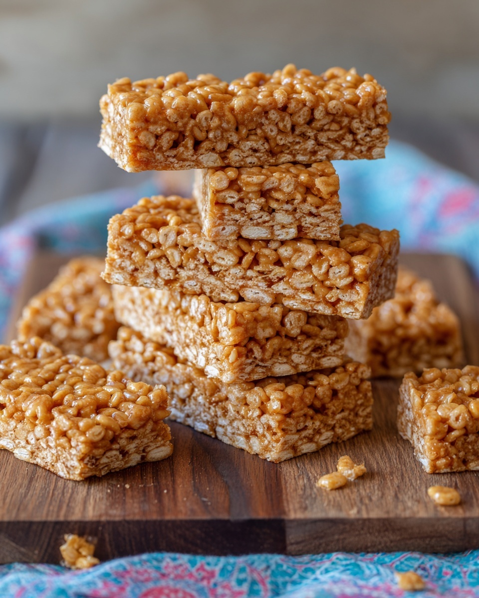 A close-up view of seven square-shaped cereal bars stacked on a long, thin wooden board. Each bar has one layer made of tightly packed golden-brown crispy flakes that give a rough and crunchy texture. The bars are thick, showing a solid and dense structure with some flakes broken off around them. The wooden board rests on a soft, colorful cloth with a floral pattern. The image has warm lighting that highlights the shiny and slightly sticky surface of the bars. Photo taken with an iphone --ar 4:5 --v 7