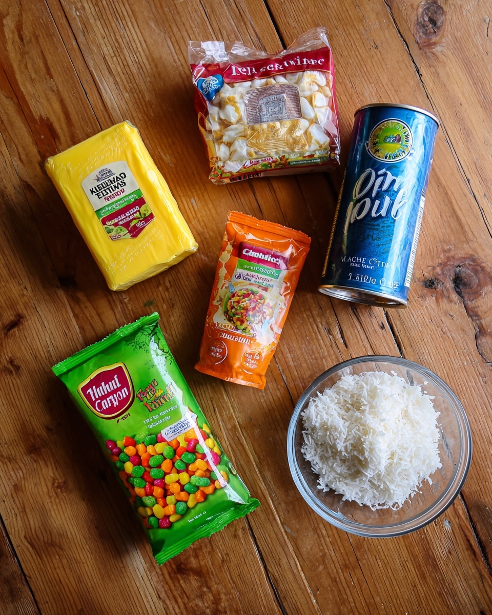The image shows five ingredients arranged on a wooden table: a yellow and red wrapped block of New Zealand butter, a white and orange pack of malt biscuits with a photo of the biscuits on the front, a green and orange packet of colorful fruit puffs, a blue can of sweetened condensed milk placed upright, and a small clear glass bowl filled with white shredded coconut. The items are spaced evenly and clearly visible. Photo taken with an iphone --ar 4:5 --v 7
