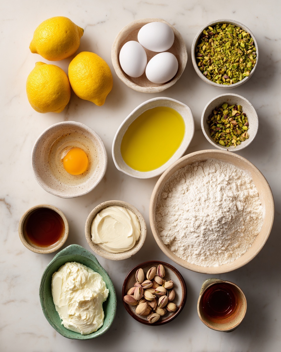 The image shows a flat lay of various baking ingredients arranged neatly on a white marbled surface. Starting from the top left, there are two whole yellow lemons and next to them, two white eggs placed in a small white bowl. Below the lemons and eggs, a small ceramic bowl holds a cracked raw egg with a bright yellow yolk. In the center, a large beige bowl is filled with white powdered flour. To its right, there is a smaller white bowl filled with a golden yellow liquid, likely oil. Above this, a small oval white bowl contains chopped green pistachios. Below the flour bowl, a small beige bowl is filled with white creamy butter. To the right of the butter, a small brown bowl with more finely chopped green pistachios sits next to a tiny brown bowl with green powdered pistachio. Around these, there is a small green bowl with pistachios in their shells and a small brown cup with a dark amber liquid, possibly syrup or honey. The entire arrangement is well-lit and clear. Photo taken with an iphone --ar 4:5 --v 7