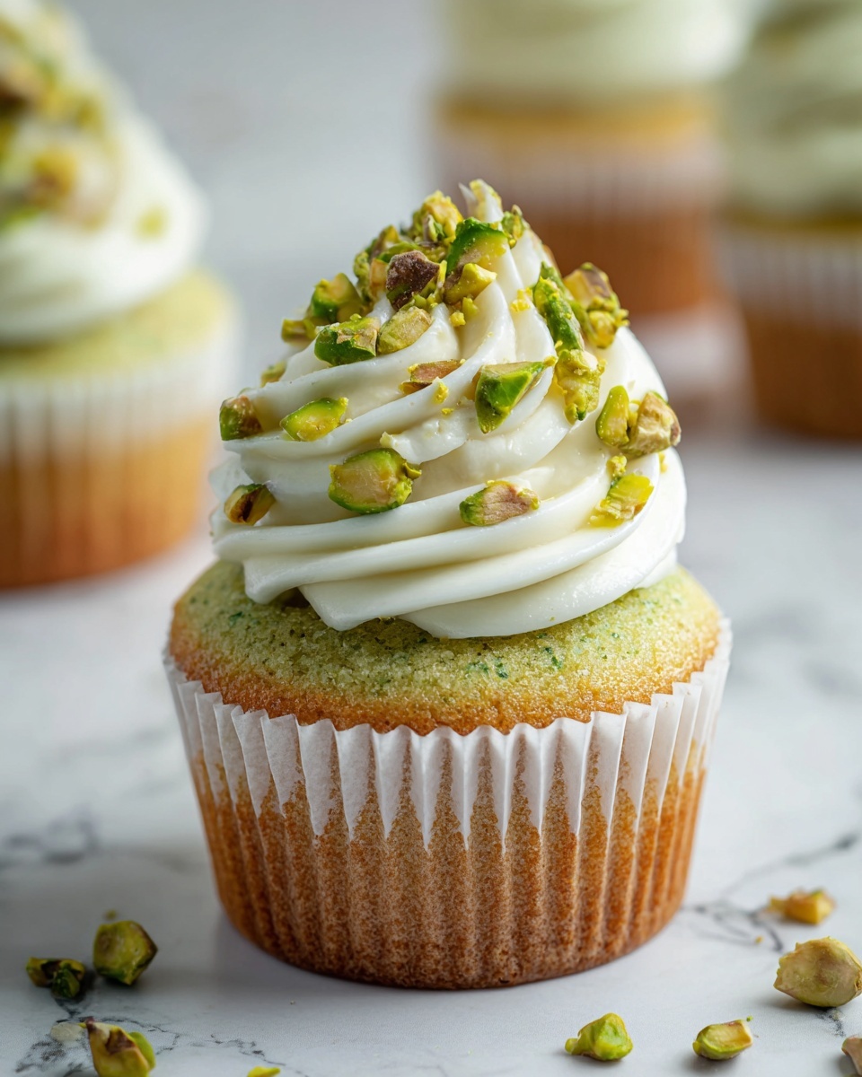 The image shows a close-up of a single cupcake at the front with a light green base that looks soft and moist. It is wrapped in a white paper liner. On top, there is one thick layer of creamy white frosting that is swirled in a smooth spiral shape. The frosting is sprinkled with small pieces of chopped green pistachios, adding texture and color contrast. More cupcakes with the same design are blurred in the background on a white marbled surface, with scattered pistachio pieces around them. photo taken with an iphone --ar 4:5 --v 7