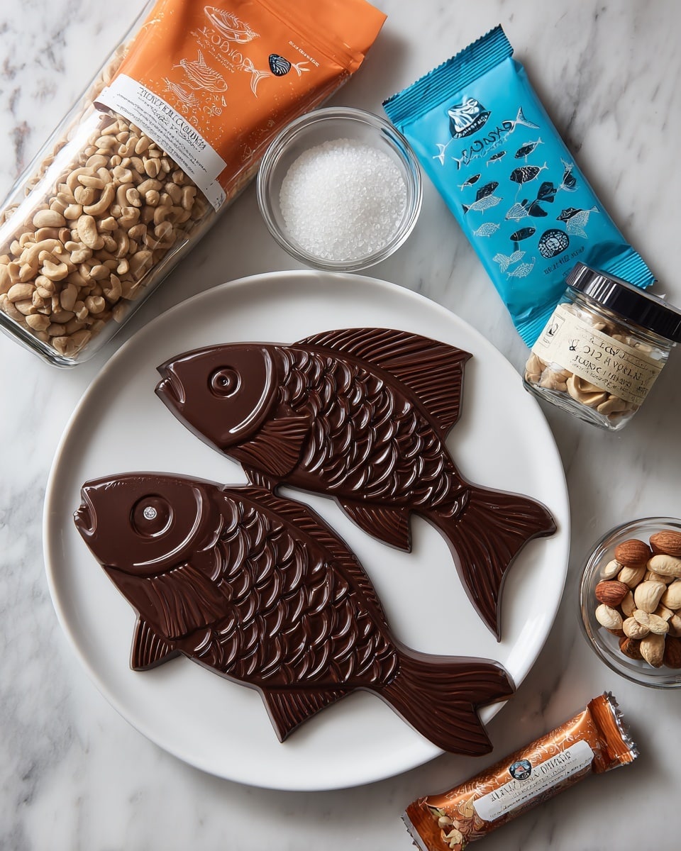 A white round plate with a large chocolate bar shaped like two fish side by side, with detailed fish scales, eyes, fins, and tails drawn on the chocolate surface in a glossy darker brown. Above the chocolate bar, there is an orange container of nuts, a blue rectangular packet with fish designs, a small clear bowl full of white granulated sugar, a small jar with a beige label and black lid, and a small wrapped nut bar with an orange label. All items are set on a white marbled surface. photo taken with an iphone --ar 4:5 --v 7