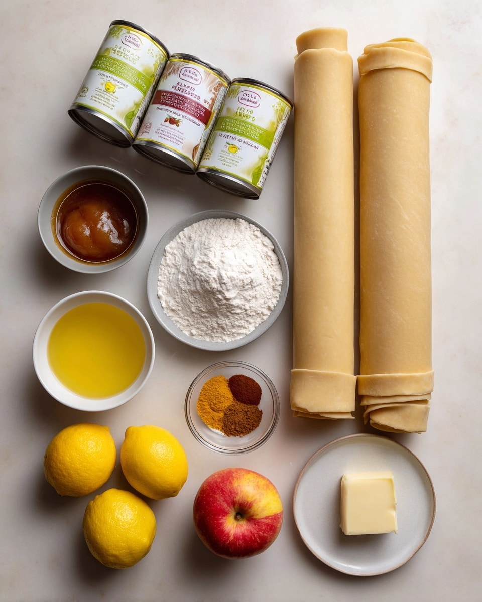 The image shows arranged ingredients for an apple pie recipe on a white marbled surface. At the top, two rolled light beige pie crusts lay side by side. Below them, two cans of apple pie filling and topping with green and white labels stand next to each other. To the left, in a small grey bowl, there is brown sugar, while to its right, a similar bowl contains white cornstarch. On the bottom left, a small clear bowl holds a yellow egg wash. Next to the egg wash are two bright yellow lemons, and to their right is a single red tart apple with yellow and red hues. A white plate in the center holds small piles of cinnamon, allspice, and ginger brown and orange powders. At the bottom right, a small piece of pale butter sits unwrapped. The texture of the surface is smooth and bright, making the ingredients stand out clearly. Photo taken with an iphone --ar 4:5 --v 7
