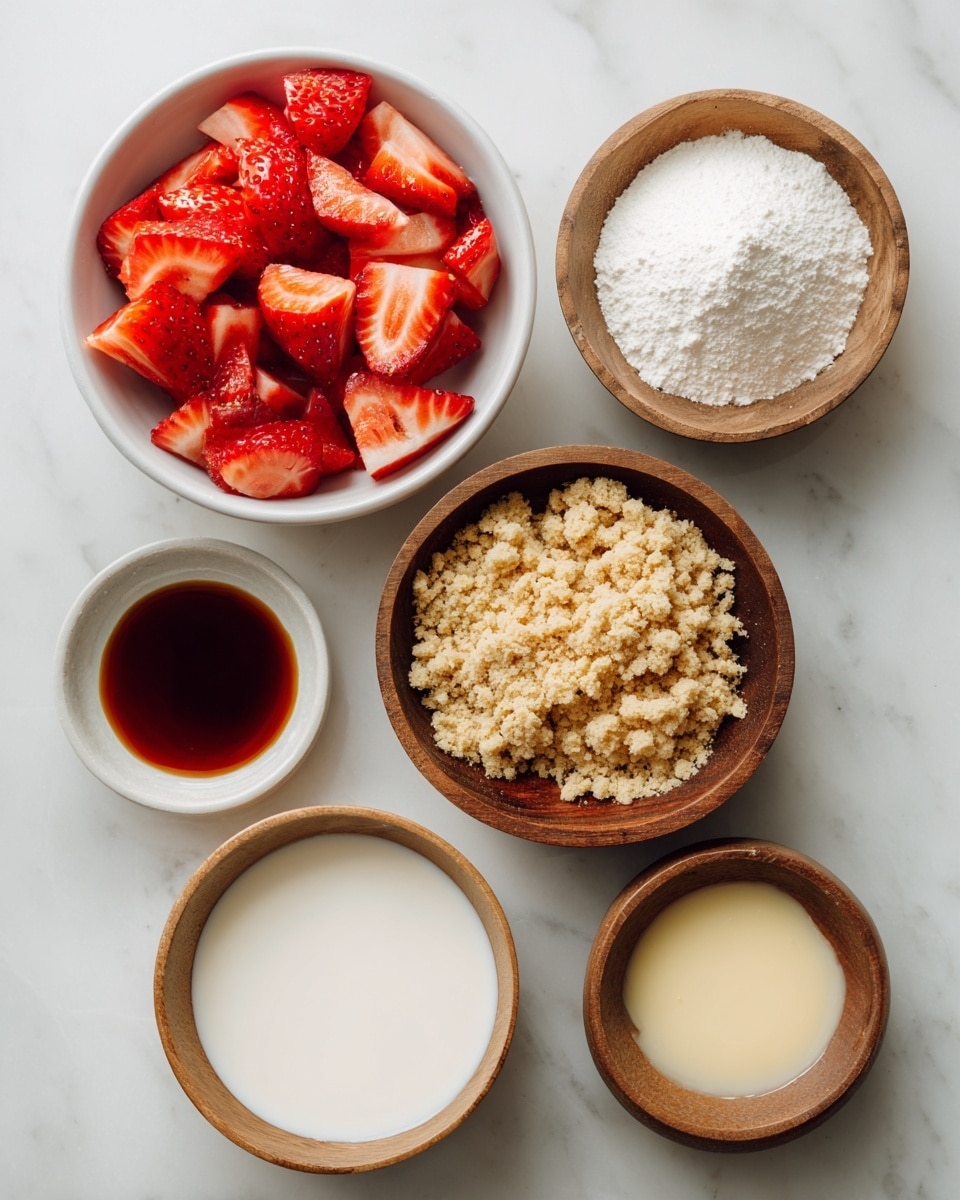 The image shows six small white bowls with different ingredients placed on a white marbled surface. Starting at the top left is a white bowl filled with bright red sliced strawberries, each piece showing the juicy texture and seeds. To the right is a wooden bowl holding fine white powder labeled as Jell-o cheesecake pudding mix. Below that is a white bowl full of golden brown graham cracker crumbs with a crumbly texture. On the bottom left is a smaller wooden bowl filled with smooth white milk. Next to it is another wooden bowl holding thick, creamy pale yellow condensed milk. To the right of that is a tiny wooden bowl with dark amber vanilla extract in liquid form. The arrangement is neat and each ingredient is clearly visible. Photo taken with an iphone --ar 4:5 --v 7