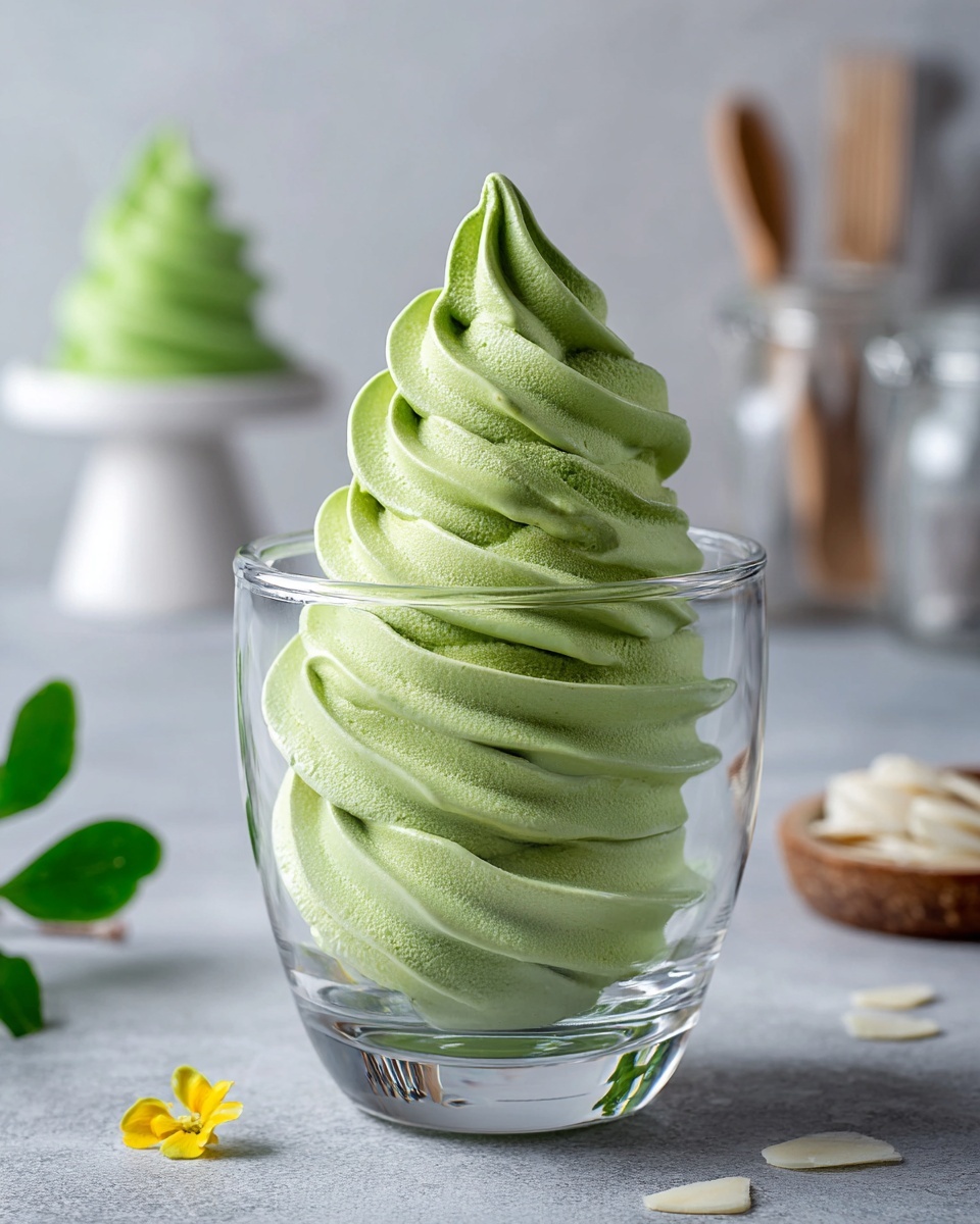 The image shows a tall clear glass with a wide bowl filled with swirls of bright green creamy dessert. The dessert stands in one thick layer, with some light white flakes sprinkled on top as decoration. A large square biscuit, light brown in color and textured, is placed vertically, partially pushed into the green cream. The glass is set on a white marbled surface with a soft blurred background including some neutral-colored elements. photo taken with an iphone --ar 4:5 --v 7