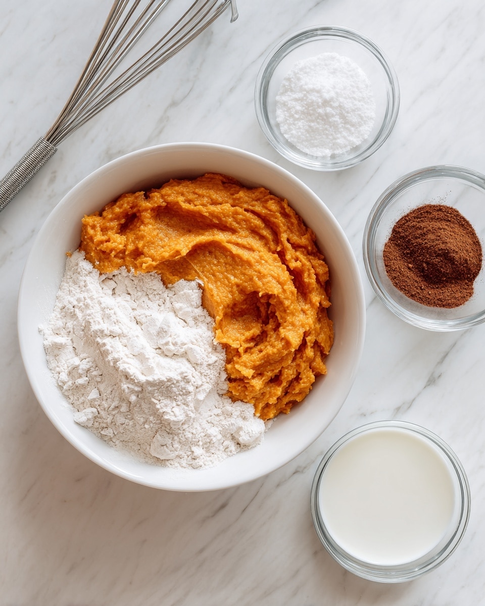 In the image, there is a white bowl on a white marbled surface. Inside the bowl, there are two main layers: on the left side, an orange pumpkin puree with a smooth, thick texture, and on the right side, white flour with a powdery texture. To the right of the bowl, there is a clear measuring cup with white sugar and a small glass cup filled with a dark brown powder, likely cinnamon or another spice. At the bottom right, there is a clear bowl with white liquid, possibly egg whites or cream. Above the bowl, you can see two metal beaters. The scene is bright and clean. Photo taken with an iphone --ar 4:5 --v 7
