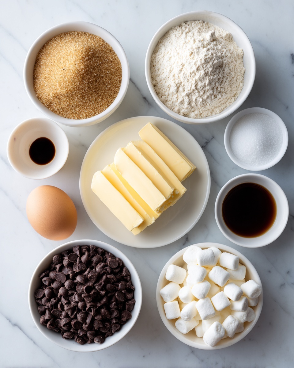 The image shows eight white bowls and plates arranged on a white marbled surface. Starting from the top left, there is a bowl filled with light brown sugar with a grainy texture. To the right, a bowl holds white flour that looks soft and powdery. Below the sugar, a white plate contains several rectangular slices of pale yellow butter arranged in two overlapping stacks. Next to the butter is a small bowl with white granulated sugar. To its right, a small bowl contains a dark brown liquid, likely vanilla extract. Below these, a white bowl is full of small, dark brown chocolate chips with a smooth and shiny texture. To the right of the chocolate chips, another white bowl has many small, white marshmallows that appear fluffy. Near the marshmallows, a single light brown egg is placed directly on the white marbled surface. The image shows a clear, clean presentation with bright natural light, highlighting the textures of each ingredient, photo taken with an iphone --ar 4:5 --v 7