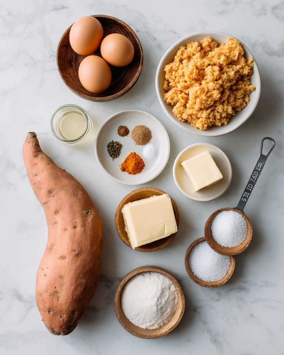 The image shows two separate groups of cooking ingredients on a white marbled surface. On the left side, from top to bottom, there are two brown eggs in a small wooden bowl, a large sweet potato and a smaller orange sweet potato placed near the center, a small stick of butter to the left, a jar with a light liquid, a small bowl with white granulated sugar, a small bowl with four different spices in separate sections, and a small measuring spoon with vanilla extract. On the right side, there is a white bowl filled with a golden brown crumbly substance, a stick of butter at the top left, a small measuring spoon labeled
