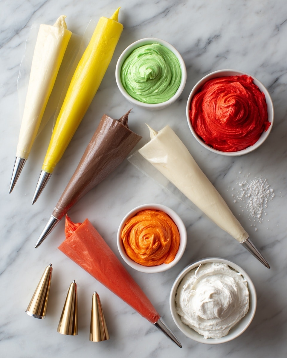 The image shows five piping bags filled with colorful icing in yellow, green, brown, red, and orange, lined diagonally from bottom left to top left on a white marbled surface. There are also two small bowls with red and orange icing near the top, and a white bowl with white frosting near the bottom. Scattered around are six golden and beige piping tips, placed near the middle of the image. The setup looks clean and organized, ready for cake decoration. photo taken with an iphone --ar 4:5 --v 7