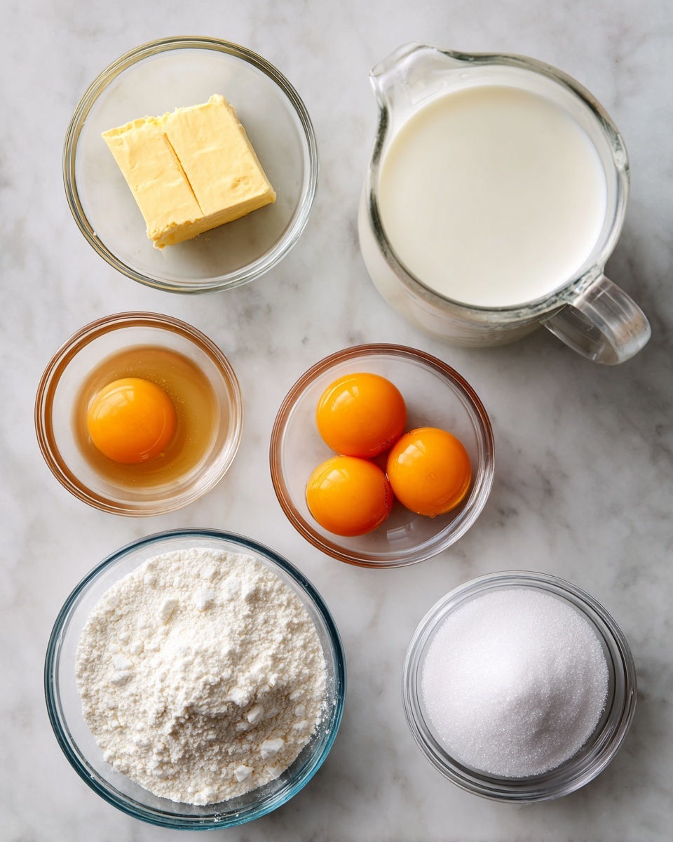 A top view of several small clear glass bowls arranged on a white marbled surface, each holding a different baking ingredient: one bowl with a small yellow square of butter, one with light brown liquid, one with two whole bright orange egg yolks, one with one whole bright orange egg yolk, one with white granulated sugar, one with white powdered sugar, and a large clear glass measuring cup filled with white milk in the center. The ingredients show a mix of smooth, powdery, and liquid textures, all neatly spaced. photo taken with an iphone --ar 4:5 --v 7