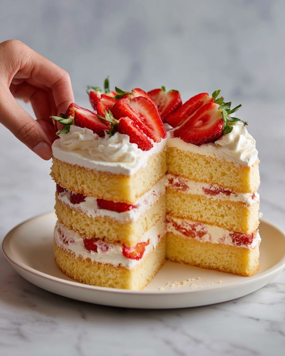 The image shows a cake made of many thin layers stacked on top of each other on a white plate. Each layer is light yellow with a soft texture, separated by thick white cream and slices of bright red strawberries. The cake is topped with more cream and a neat circle of strawberry slices. Inside, the cake reveals alternating layers of light yellow cake and cream with strawberry pieces inside. The whole setup is on a white marbled surface. One image shows a woman's hand placing strawberry slices on the cream. Photo taken with an iphone --ar 4:5 --v 7