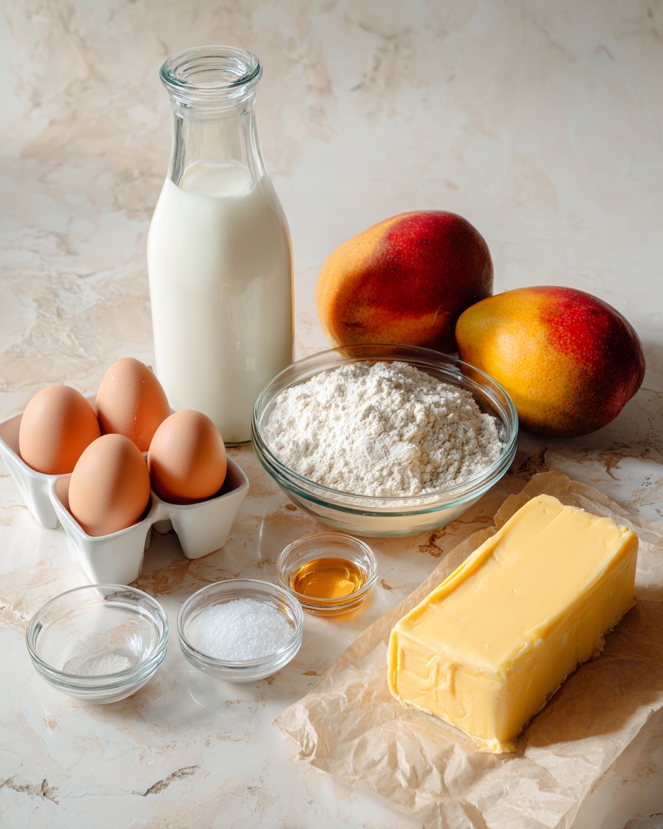 A glass bottle filled with white milk stands on the left side of a white marbled surface. Next to the bottle, there are two round mangoes with a red and orange peel. In front of the mangoes, a transparent glass bowl contains white flour. To the left of the bowl, there is a white square container filled with five brown eggs. Small glass bowls with white sugar, salt, and honey are spread around the surface. A rectangular block of yellow butter rests on a piece of pale brown parchment paper near the bottom right. Photo taken with an iphone --ar 4:5 --v 7