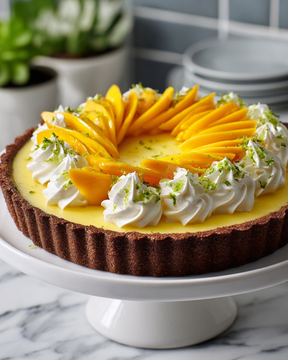 A tart with three clear layers sits on a white plate against a white marbled surface. The bottom layer is a thick, dark brown crust with a crumbly texture. The middle layer is smooth and bright yellow, filling the tart shell evenly. On top, there are thinly sliced mango pieces arranged in two curved rows, their bright yellow-orange color standing out. Between the mango slices and on the edges are cream dollops in a creamy white, piped with a swirled texture. Light green zest is sprinkled over the cream and mango, adding a fresh contrast. The background shows blurred potted plants in white pots. photo taken with an iphone --ar 4:5 --v 7