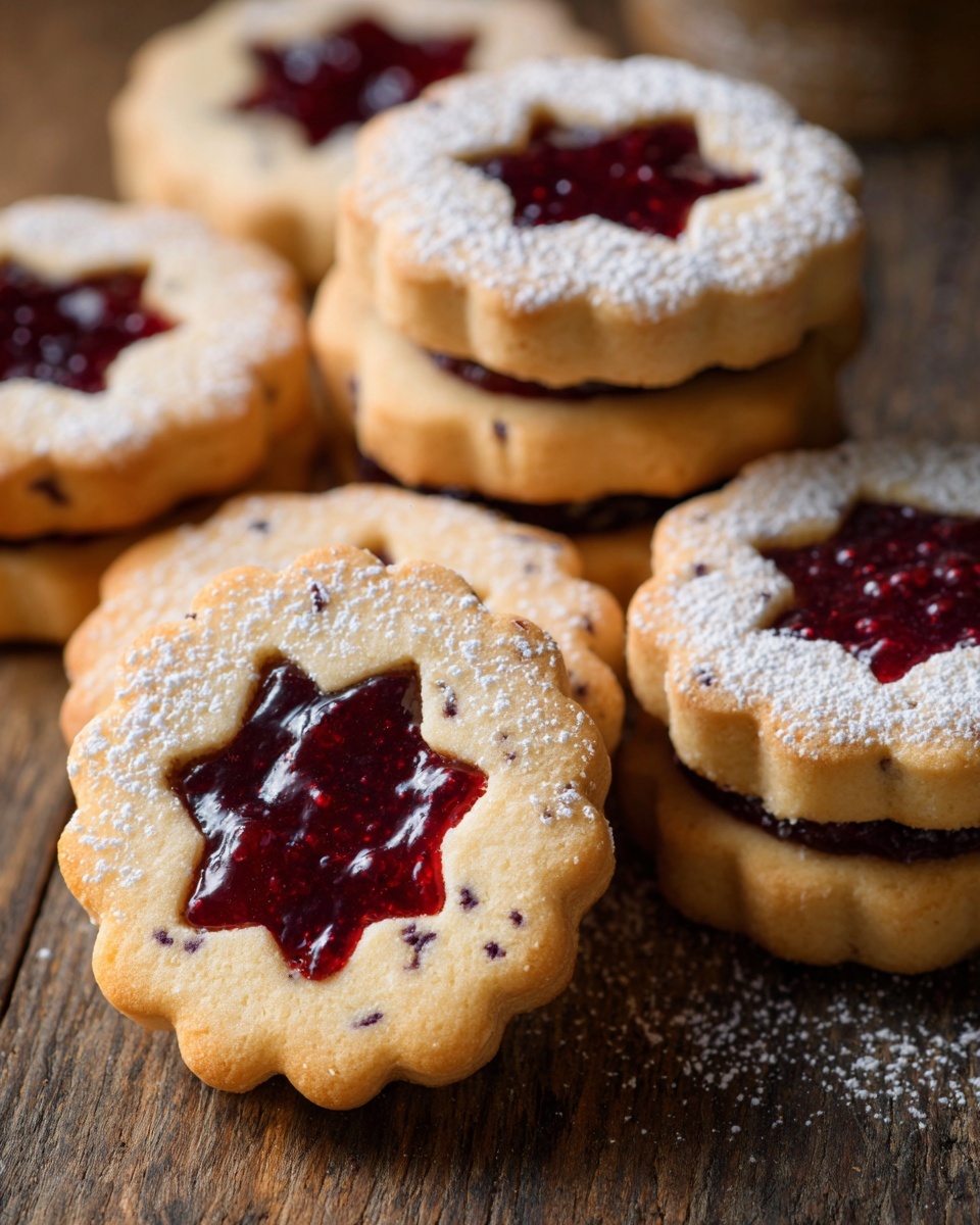 Several round sandwich cookies are shown on a wooden surface. Each cookie has two layers: a bottom layer of light brown dough and a top layer with a cut-out shape like a star or Christmas tree. The cut-out area reveals a shiny, deep red jam filling in the middle layer. Some cookies are dusted with white powdered sugar on the top layer, giving a soft texture, while others are plain. The edges of the cookies have a scalloped design, making them look decorative. photo taken with an iphone --ar 4:5 --v 7