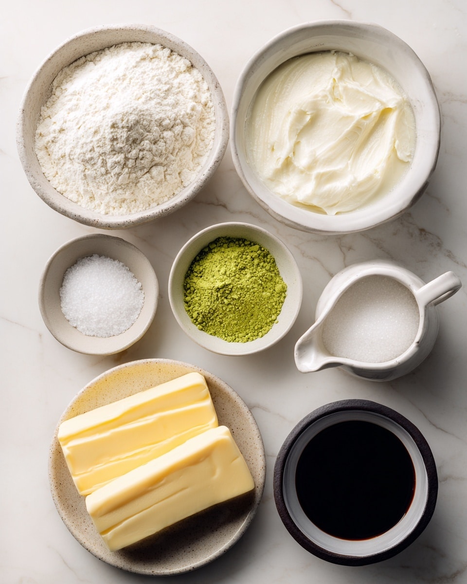 A top-down view of several white bowls and a white small jug placed on a white marbled surface. One large bowl contains white flour with a soft texture, a medium bowl shows a creamy white liquid, and a smaller bowl has a bright green powder. There are two small bowls, one with white granulated sugar and the other with a white fine powder, likely baking powder or salt. A small dark bowl holds a thick dark liquid. Three rectangular blocks of golden yellow butter with a shiny surface are placed next to the bowls. Photo taken with an iphone --ar 4:5 --v 7