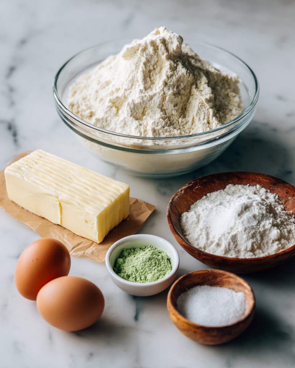 A clear glass bowl filled with a large mound of white flour sits on a white marbled surface. To the right of the bowl is a round wooden bowl filled with fine white sugar. Below the glass bowl are two brown eggs placed next to a stick of unsalted sweet cream butter wrapped in light yellow paper. Next to the eggs is a small white bowl holding a bright green powder. Above the green powder is a small wooden bowl containing white baking powder, baking soda, and salt. The scene is bright and clear with natural light. photo taken with an iphone --ar 4:5 --v 7